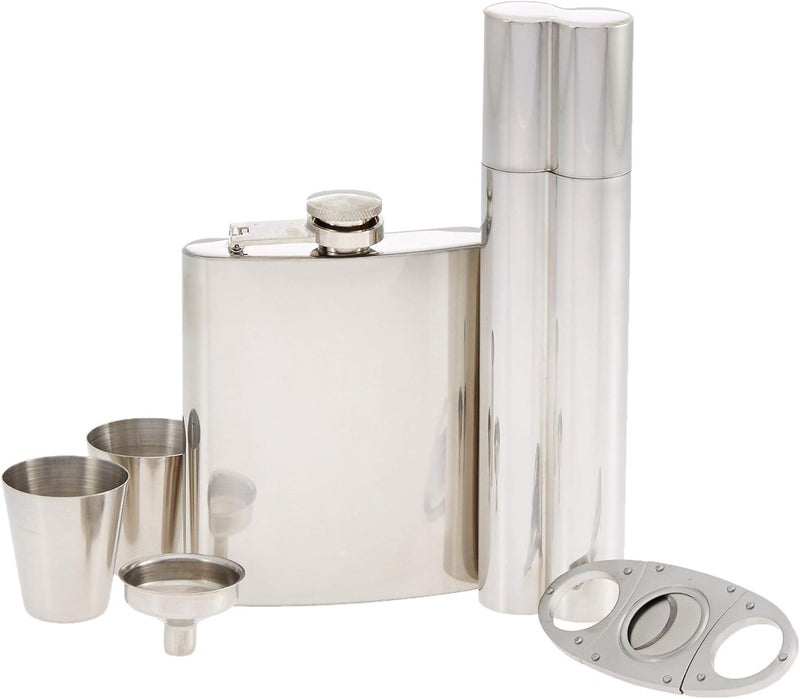 Gorham Stainless Steel Flask & Cigar Set with Wooden Gift Box - Image 1